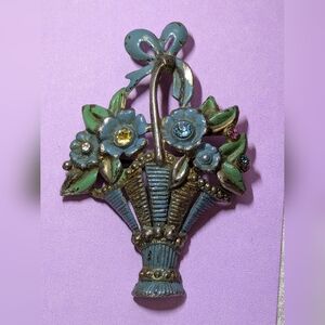 Vintage Brooch Floral Basket Large Pin Enamel Rhinestones